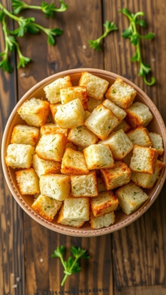 Crispy homemade croutons in a bowl, made from sandwich bread, on a rustic wooden table.